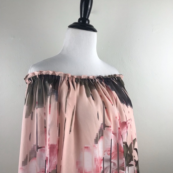 WHBM S Pink Off Shoulder Floral Long Sleeve Blouse - Picture 2 of 8